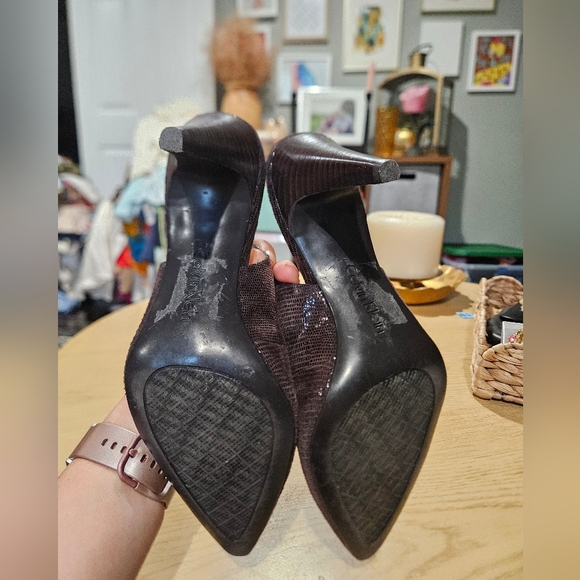Calvin Klein 90s Minimalist Slingback Heels Brown Textured Kitten Heel Size 7 - Picture 8 of 16